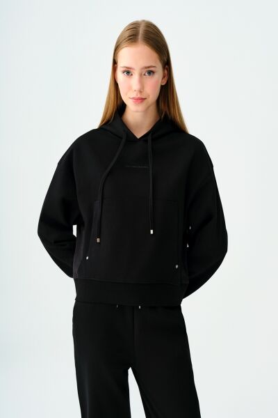 Loft 2038207 Siyah Kadın Kanguru Cepli Kapüşonlu İp Detaylı Sweat