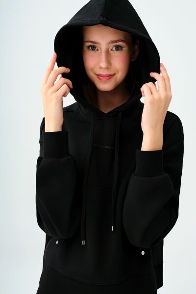 Loft 2038207 Siyah Kadın Kanguru Cepli Kapüşonlu İp Detaylı Sweat