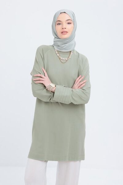 Allday S50255A0 Defne Kadın Bisiklet Yaka Manşeti Nervür Detaylı Yırtmaçlı Likralı Tunik