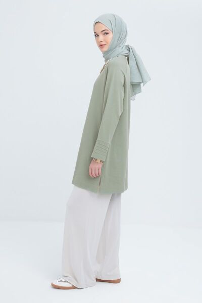 Allday S50255A0 Defne Kadın Bisiklet Yaka Manşeti Nervür Detaylı Yırtmaçlı Likralı Tunik