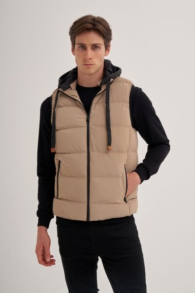 Cazador 24KCEEO01005 Bej Erkek Tak Çıkar Kapişonlu Şişme Sıfır Kollu Mikro Yelek