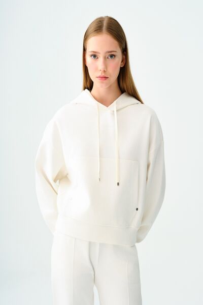 Loft 2038207 Beyaz Kadın Kanguru Cepli Kapüşonlu İp Detaylı Sweat