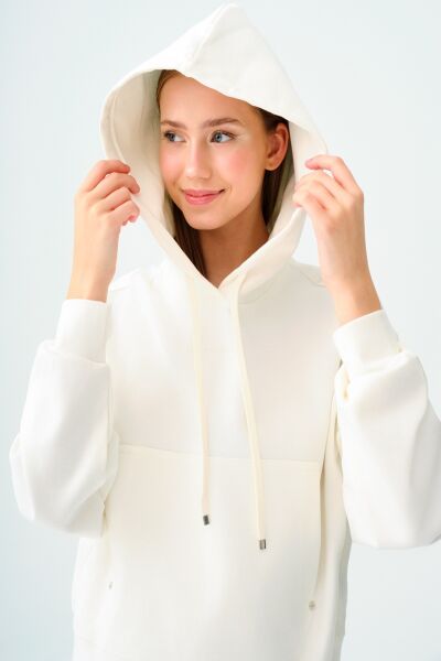Loft 2038207 Beyaz Kadın Kanguru Cepli Kapüşonlu İp Detaylı Sweat
