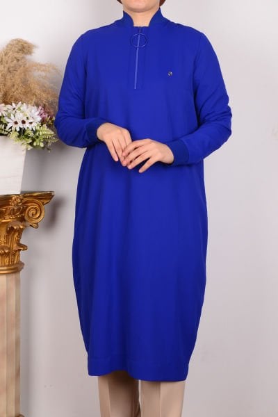 Armine 24YT436 Saks Kadın Ribanalı Yarı Fermuarlı Krep Kumaşlı Rahat Kesim %100 Polyester Tunik