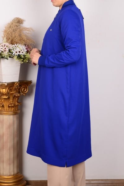 Armine 24YT436 Saks Kadın Ribanalı Yarı Fermuarlı Krep Kumaşlı Rahat Kesim %100 Polyester Tunik