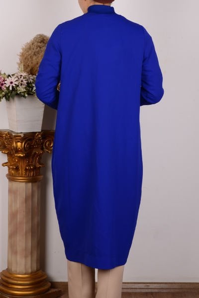 Armine 24YT436 Saks Kadın Ribanalı Yarı Fermuarlı Krep Kumaşlı Rahat Kesim %100 Polyester Tunik