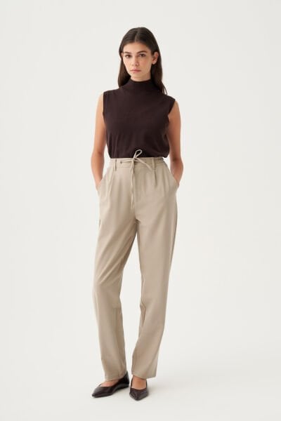 Allday B70159A0 Bej Kadın Beli Lastikli Havuç Kesim Polyviscon Pantolon