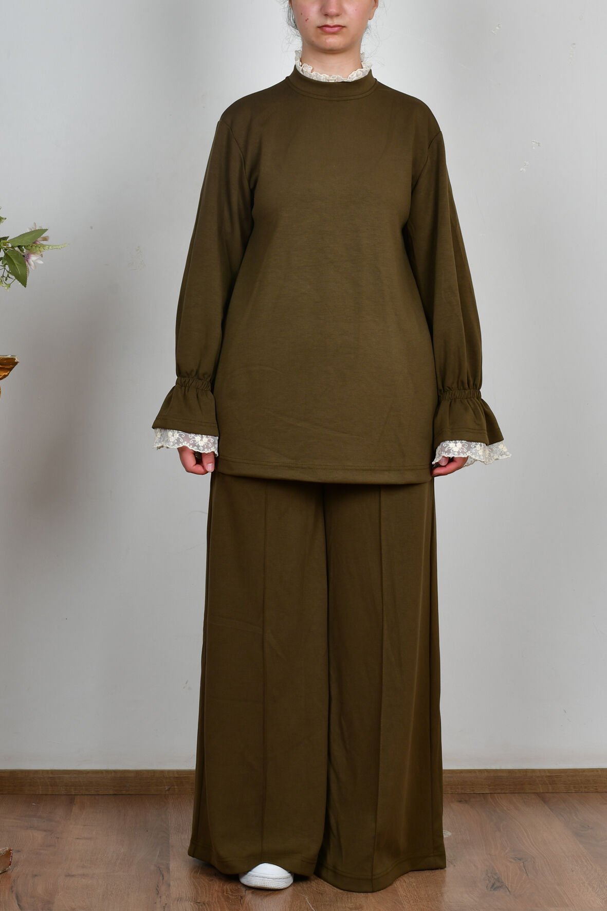 Allday B30107A0 Haki Kadın Yumuşak Dokulu Fisto Garnili Pantolonlu Takım