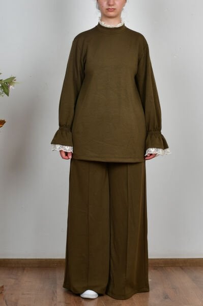 Allday B30107A0 Haki Kadın Yumuşak Dokulu Fisto Garnili Pantolonlu Takım