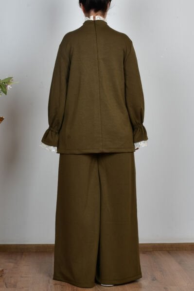 Allday B30107A0 Haki Kadın Yumuşak Dokulu Fisto Garnili Pantolonlu Takım