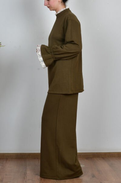 Allday B30107A0 Haki Kadın Yumuşak Dokulu Fisto Garnili Pantolonlu Takım