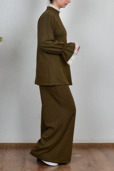 Allday B30107A0 Haki Kadın Yumuşak Dokulu Fisto Garnili Pantolonlu Takım