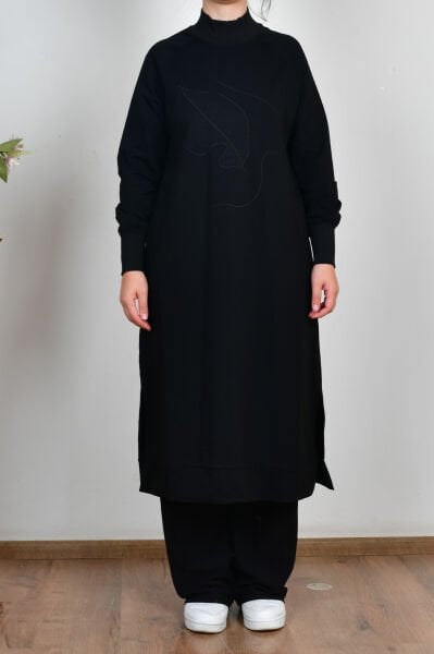 Allday B50294A0 Siyah Kadın Nakışlı Uzun Tunik