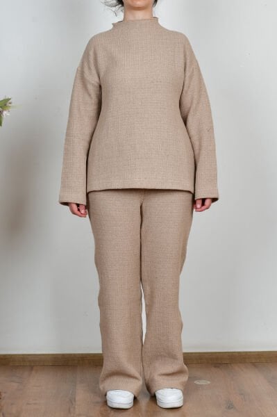 Allday W30109A0 Bej Kadın Triko Efektli Pantolonlu Takım