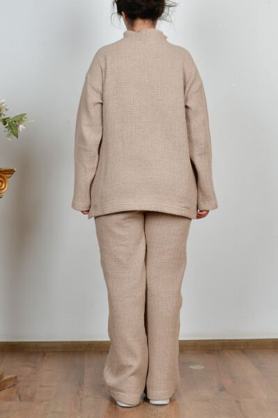 Allday W30109A0 Bej Kadın Triko Efektli Pantolonlu Takım