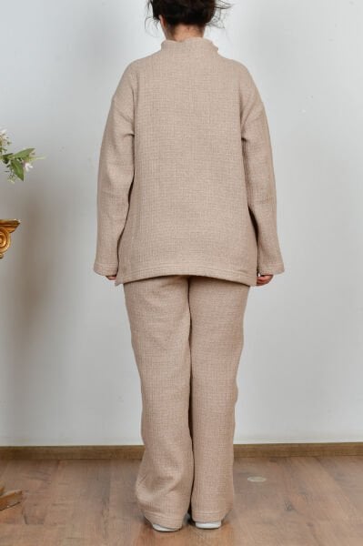 Allday W30109A0 Bej Kadın Triko Efektli Pantolonlu Takım