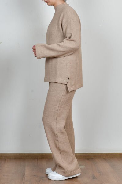 Allday W30109A0 Bej Kadın Triko Efektli Pantolonlu Takım