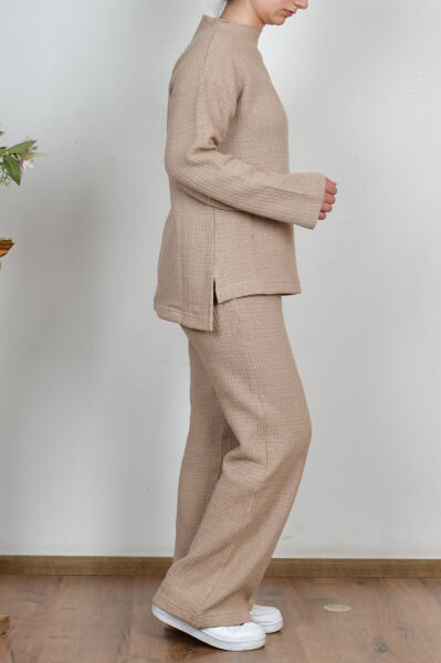 Allday W30109A0 Bej Kadın Triko Efektli Pantolonlu Takım