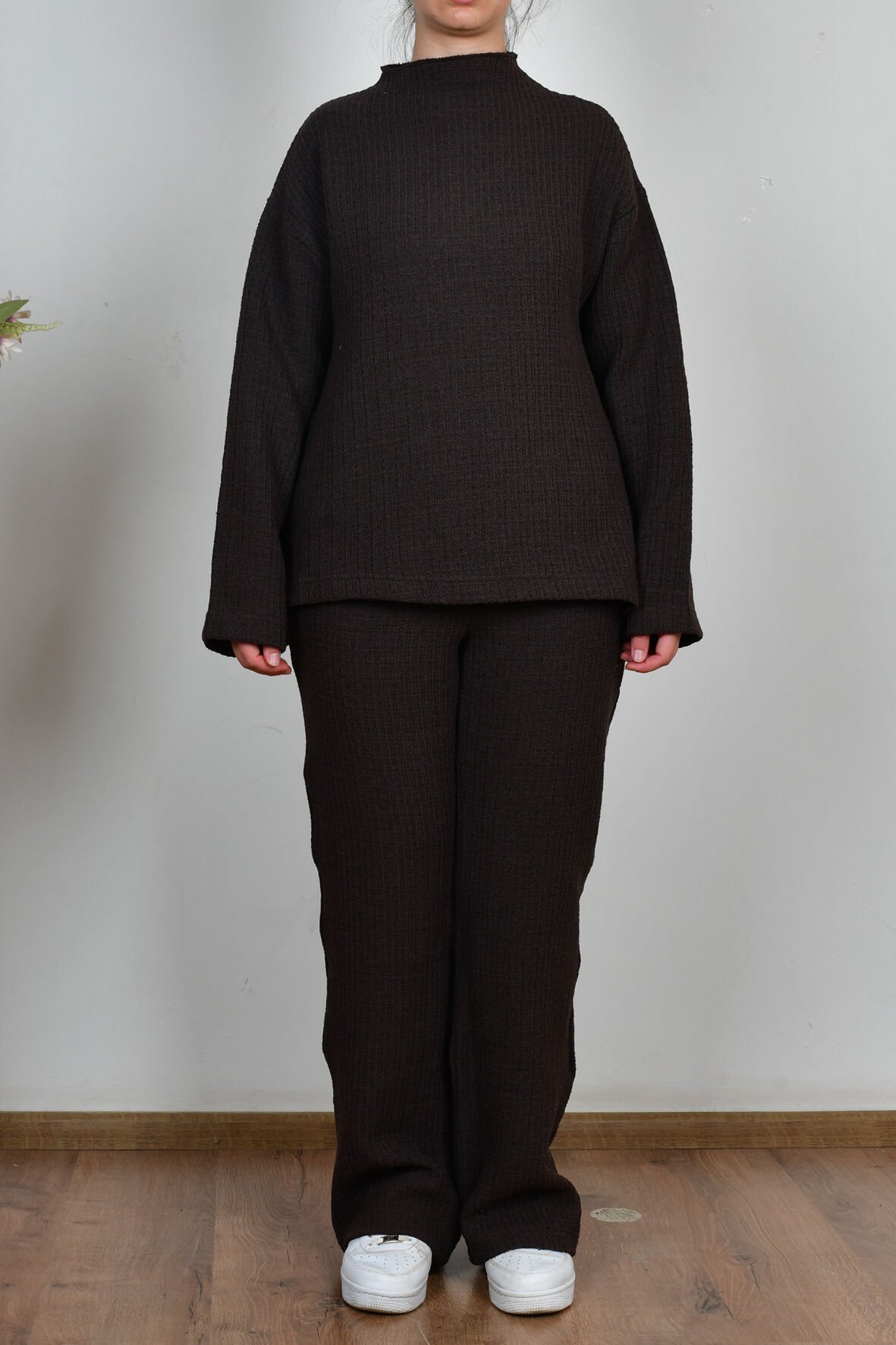 Allday W30109A0 Kahverengi Kadın Triko Efektli Pantolonlu Takım