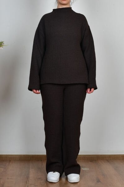 Allday W30109A0 Kahverengi Kadın Triko Efektli Pantolonlu Takım