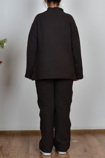 Allday W30109A0 Kahverengi Kadın Triko Efektli Pantolonlu Takım