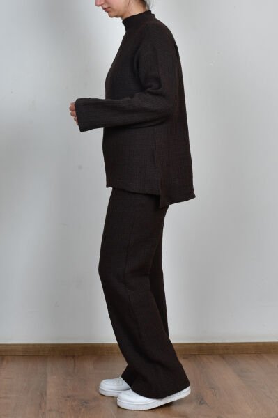 Allday W30109A0 Kahverengi Kadın Triko Efektli Pantolonlu Takım