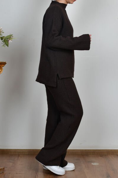 Allday W30109A0 Kahverengi Kadın Triko Efektli Pantolonlu Takım