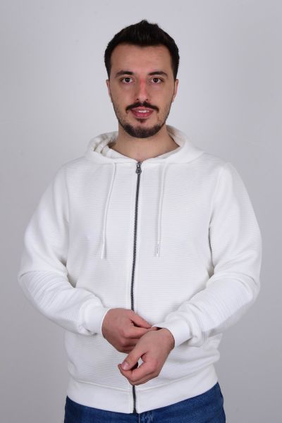 Cazador 23KCEEO05010 Ekru Önü Fermuarlı Kapüşonlu Erkek Sweat