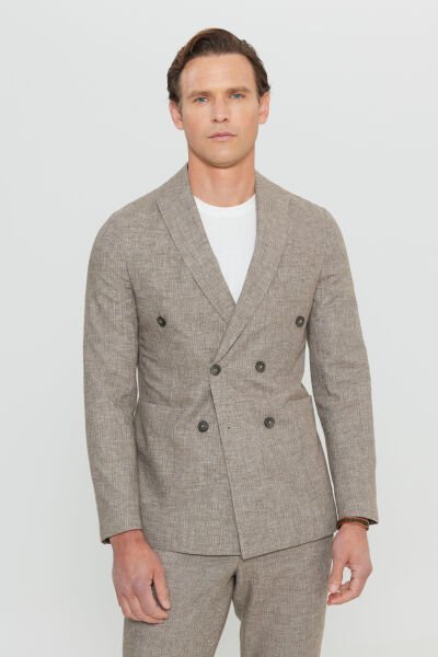 Altınyıldız ACE030252215 Kahverengi Erkek Slim Fit Kırlangıç Yaka Beli Bağlamalı Kapak Cepli Çizgili 6 Drop Takım Elbise