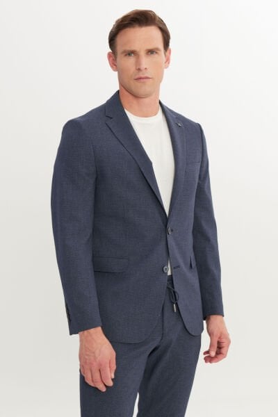Altınyıldız ACE030252255 Lacivert  Erkek Slim Fit Dar Kesim Kırlangıç Yaka Cordura Kumaş Desenli Takım Elbise