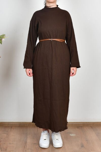 Allday W60189A0 Kahverengi Kadın Fırfır Detaylı Kaşkorse Elbise