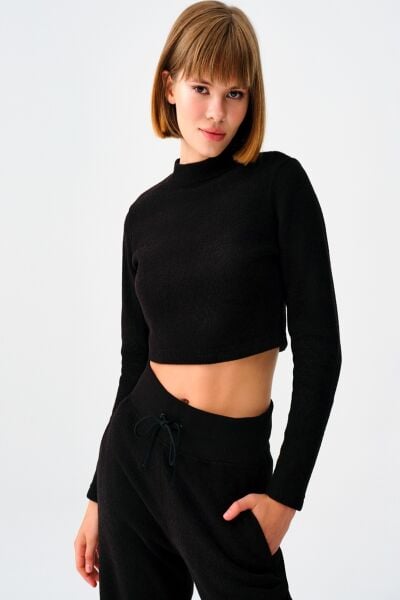 Loft 2038227 Siyah Kadın Yarım Boğazlı Kısa Bel Bluz