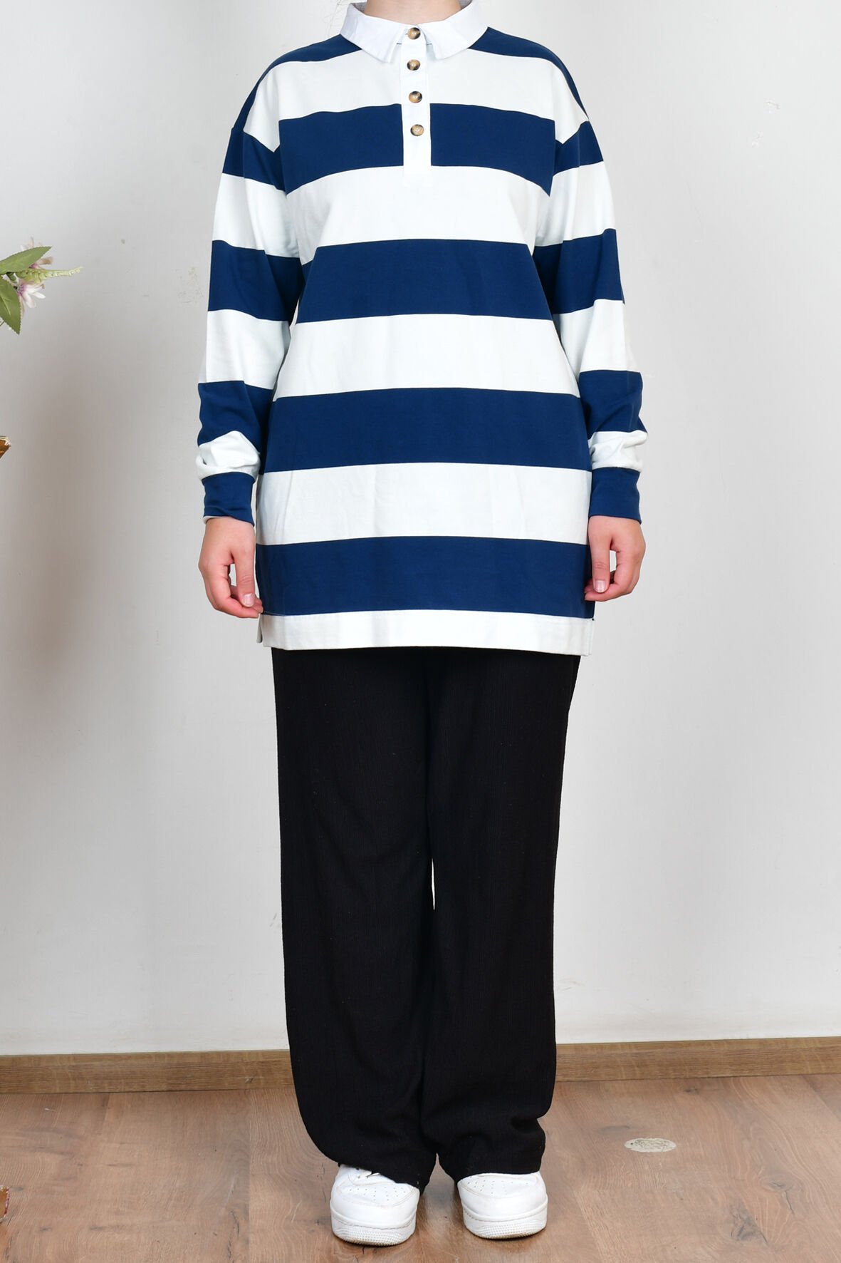 Allday 25OB522AL0 İndigo-Taş Kadın Gömlek Yaka Çizgili Sweat