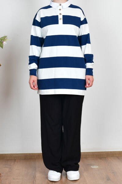 Allday 25OB522AL0 İndigo-Taş Kadın Gömlek Yaka Çizgili Sweat