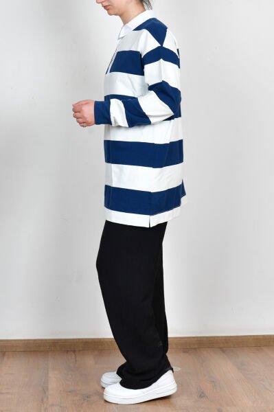 Allday 25OB522AL0 İndigo-Taş Kadın Gömlek Yaka Çizgili Sweat