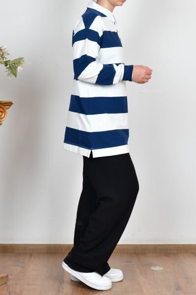 Allday 25OB522AL0 İndigo-Taş Kadın Gömlek Yaka Çizgili Sweat