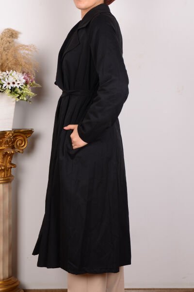 Armine 24YT706 Siyah Kadın Normal Kesim Kruvaze Kapamalı Önü Düğmeli Yanlardan Cepli Kuşaklı Trençkot