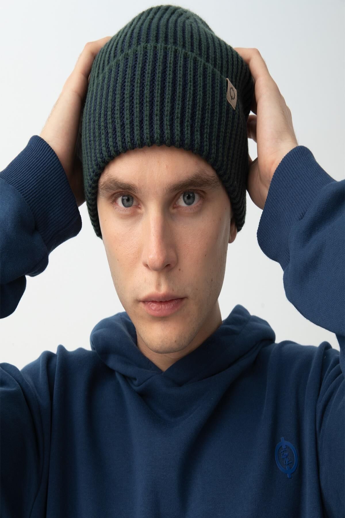 Nors Unisex Yeşil-Lacivert Kalın Örgülü Bere