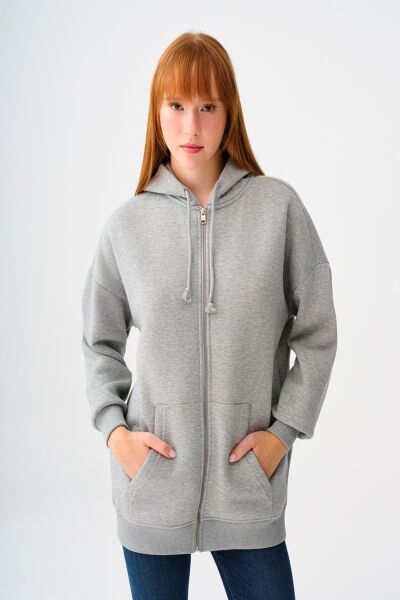 Loft 2038225 Gri Kadın Kapişonlu İp Detaylı Boydan Fermuarlı Cepli Hırka Sweat