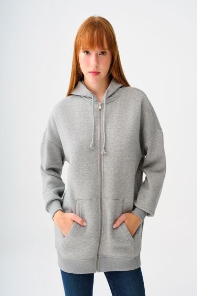 Loft 2038225 Gri Kadın Kapişonlu İp Detaylı Boydan Fermuarlı Cepli Hırka Sweat