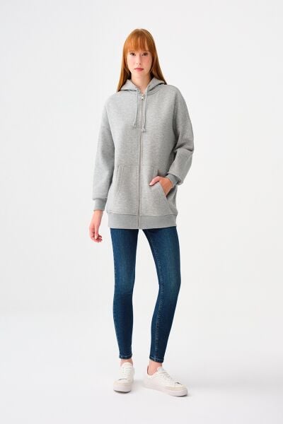 Loft 2038225 Gri Kadın Kapişonlu İp Detaylı Boydan Fermuarlı Cepli Hırka Sweat