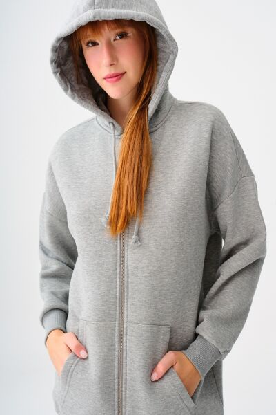 Loft 2038225 Gri Kadın Kapişonlu İp Detaylı Boydan Fermuarlı Cepli Hırka Sweat