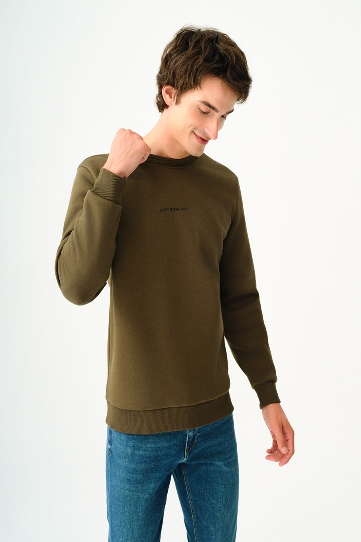 Loft 2034268 Haki Erkek Regular Fit Üç İplik Yazı Detaylı Bisiklet Yaka Sweat