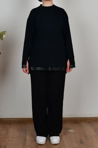 Allday B50292A0 Siyah Kadın Yumuşak Dokulu Deri Garnili Tunik