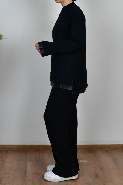 Allday B50292A0 Siyah Kadın Yumuşak Dokulu Deri Garnili Tunik