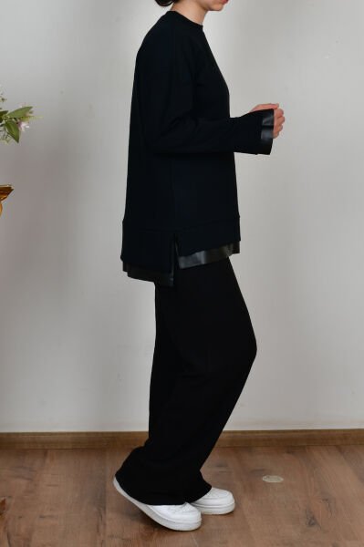 Allday B50292A0 Siyah Kadın Yumuşak Dokulu Deri Garnili Tunik