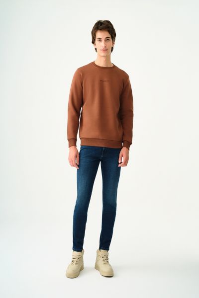 Loft 2034268 Kahverengi Erkek Regular Fit Üç İplik Yazı Detaylı Bisiklet Yaka Sweat