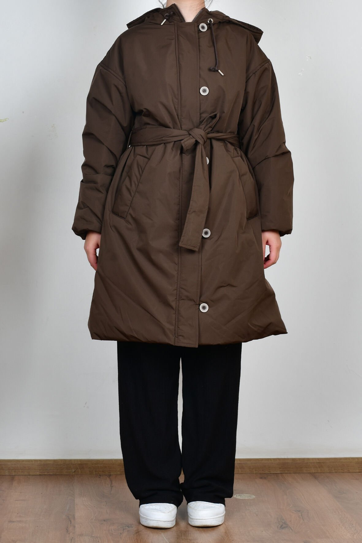 Allday W80028A0 Kahve Kadın Kemerli Relax Şişme Mont