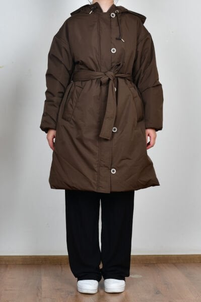 Allday W80028A0 Kahve Kadın Kemerli Relax Şişme Mont