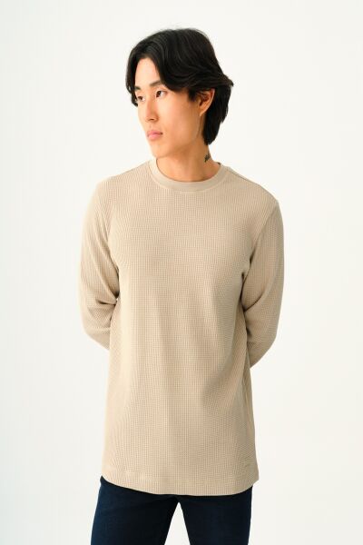 Loft 2033363 Taş Erkek Bisiklet Yaka Lif Desenli Regular Fit Sweat Tshirt